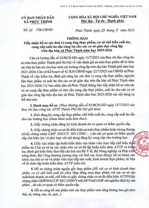 TB: Tiếp nhận hồ sơ các đơn vị cung ứng thực phẩm, cơ sở chế biến suất ăn, cung cấp suất ăn căng tin cho các cơ sở giáo dục công lập trên địa bàn xã Phúc Thịnh